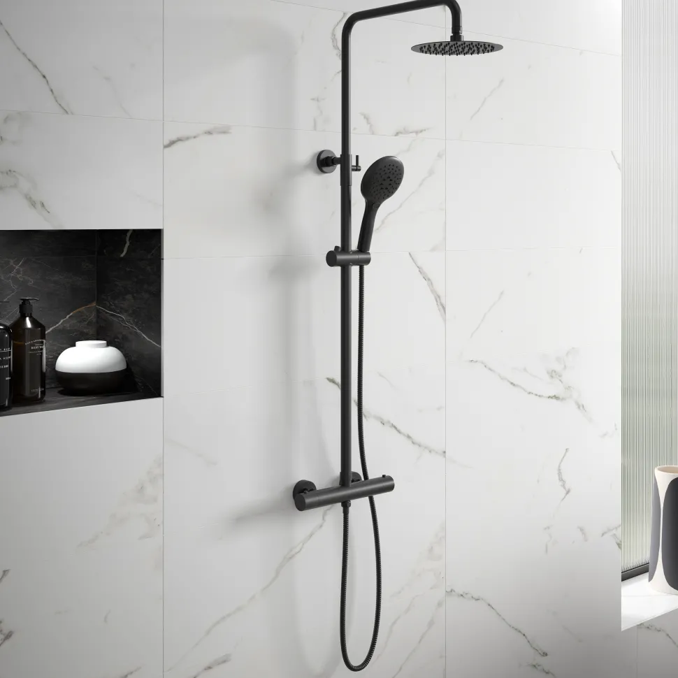 Drench Noir Matt Black Round Exposed Height-Adjustable Rigid Riser Rail Shower System