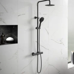 Drench Noir Matt Black Round Exposed Height-Adjustable Rigid Riser Rail Shower System