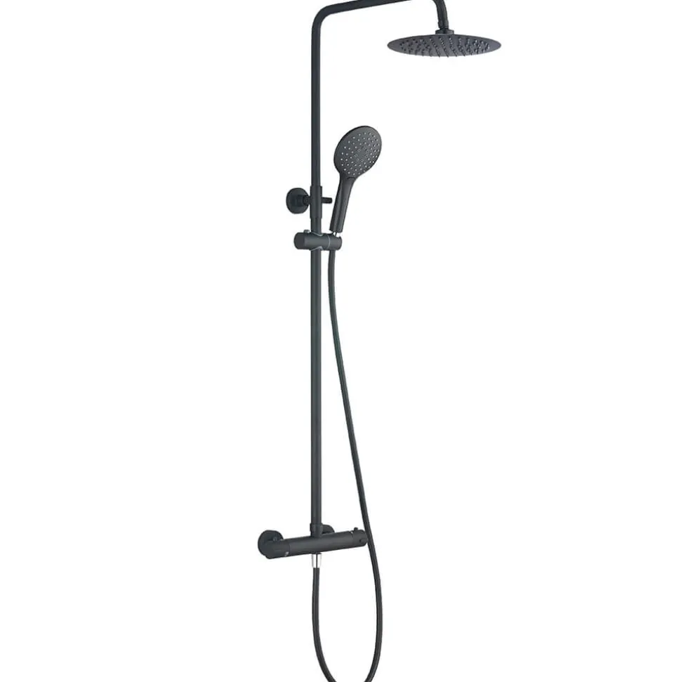 Drench Noir Matt Black Round Exposed Height-Adjustable Rigid Riser Rail Shower System
