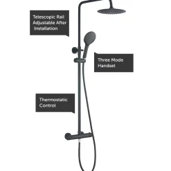 Drench Noir Matt Black Round Exposed Height-Adjustable Rigid Riser Rail Shower System
