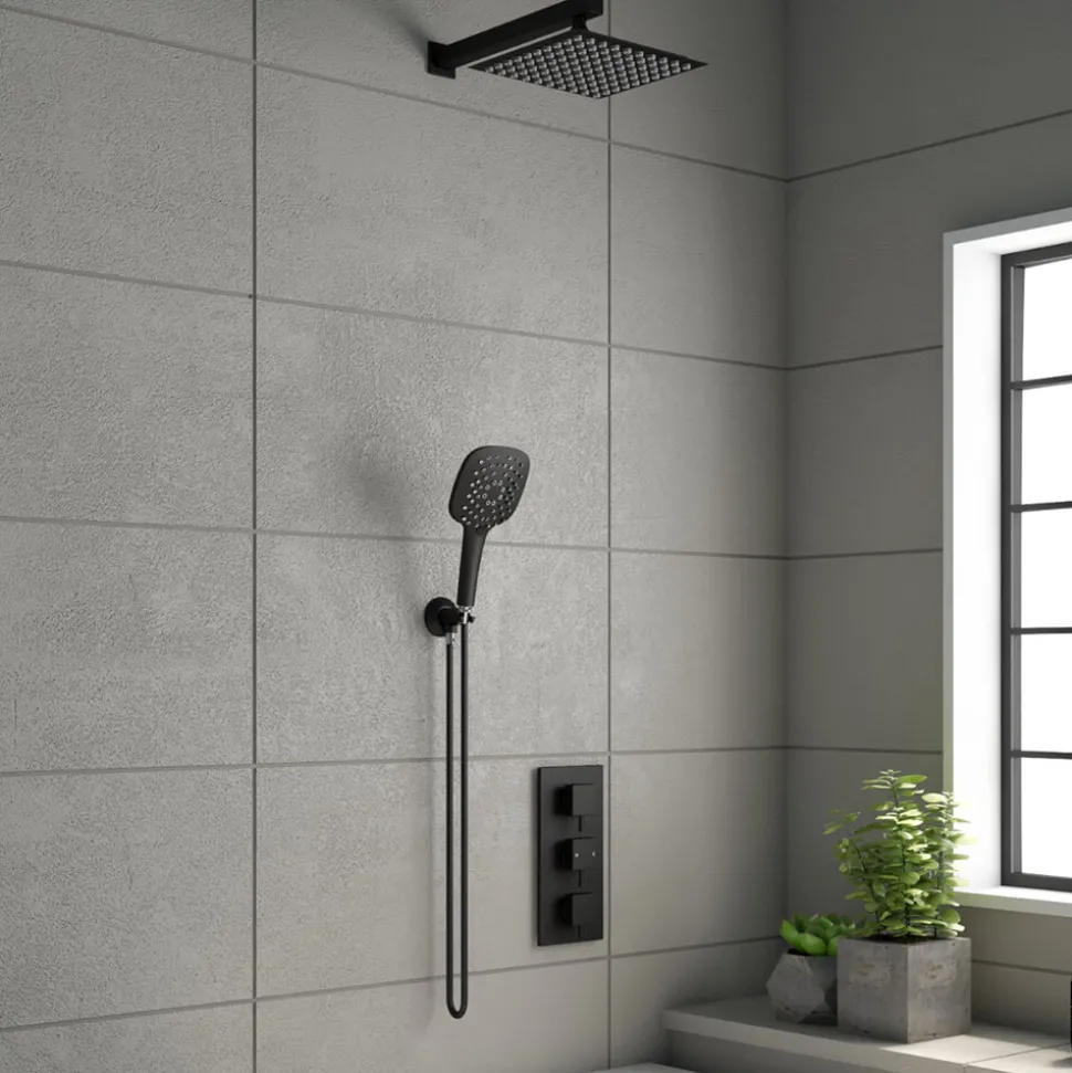 Drench Noir Matt Black Square Concealed Shower System with Fixed Head & Wall Mounted Shower Handset