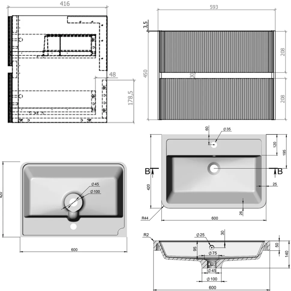 Drench Origin 600mm Fluted Wall Mounted Vanity Unit & Basin