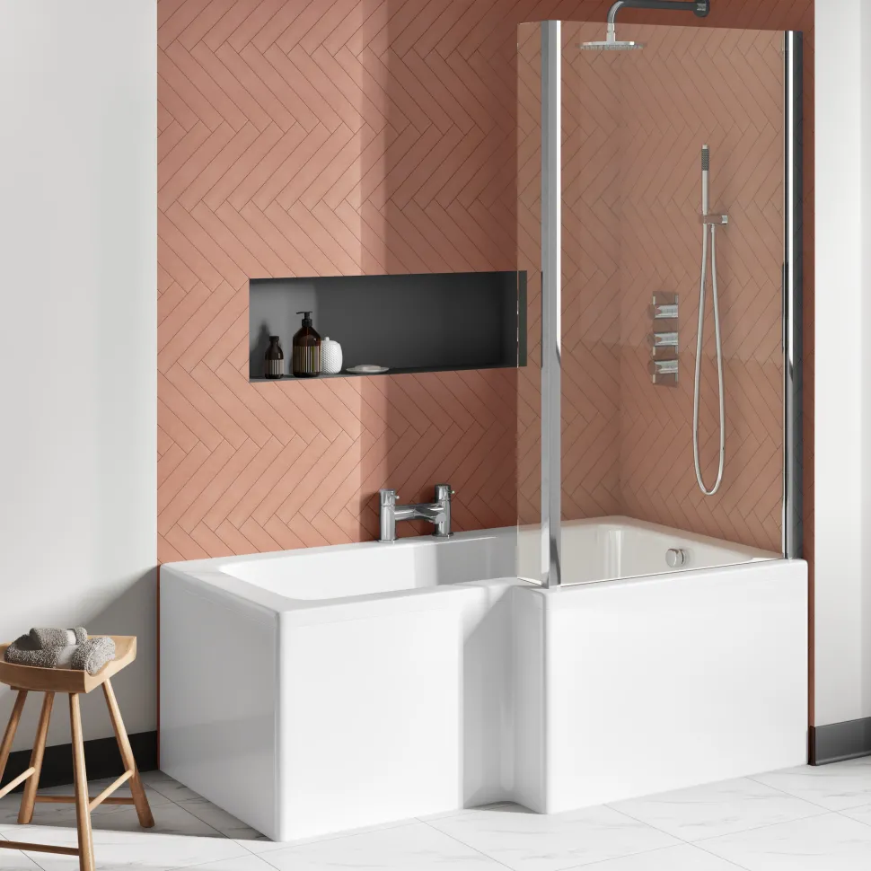 Drench Polished Chrome Fixed L-Shaped Bath Screen with Fixed Return - 1400 x 800mm