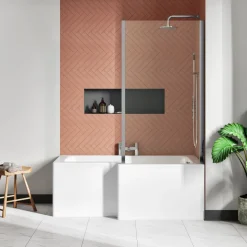 Drench Polished Chrome Fixed L-Shaped Bath Screen with Fixed Return - 1400 x 800mm