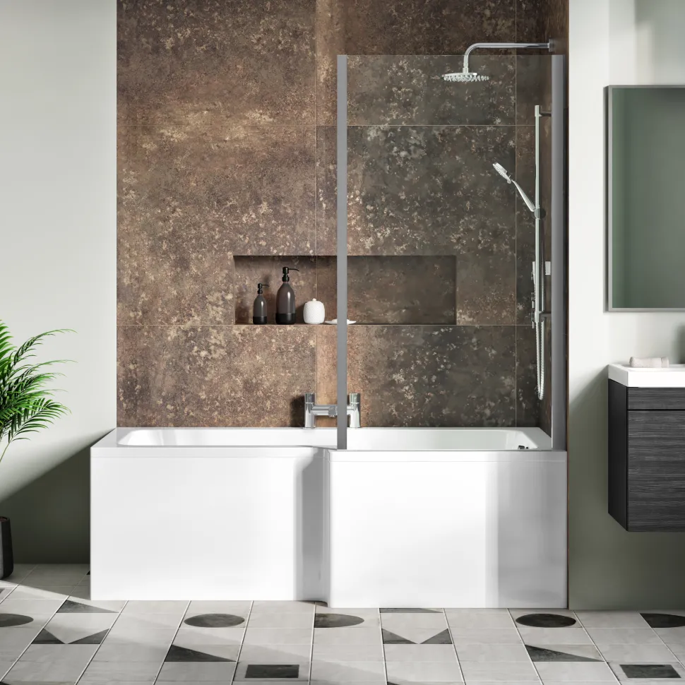 Drench Polished Chrome Fixed L-Shaped Bath Screen with Fixed Return - 1400 x 800mm