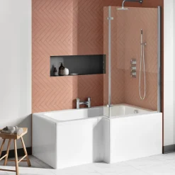 Drench Polished Chrome Hinged L-Shaped Bath Screen with Fixed Return - 1400 x 815mm