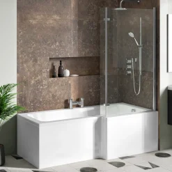 Drench Polished Chrome Hinged L-Shaped Bath Screen with Fixed Return - 1400 x 815mm