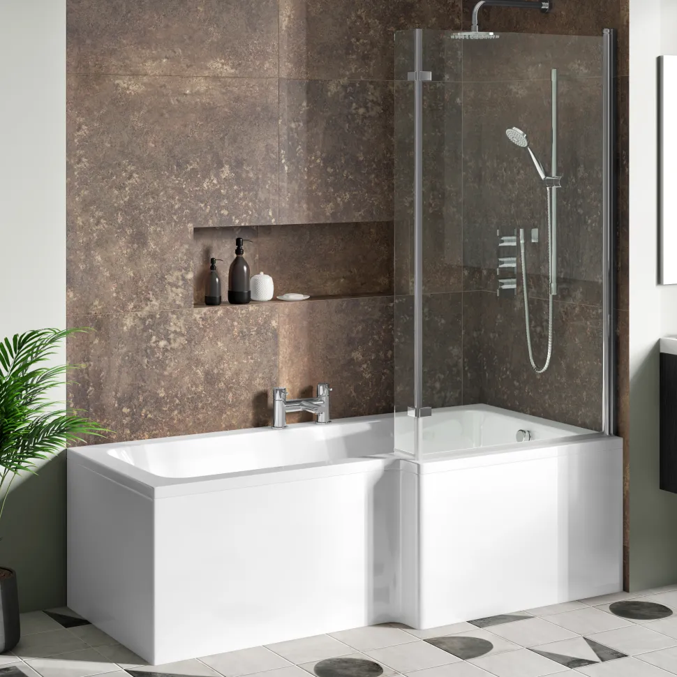 Drench Polished Chrome Hinged L-Shaped Bath Screen with Fixed Return - 1400 x 815mm