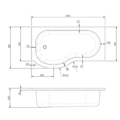 Drench P Shaped Shower Bath & Optional Panel - 1500mm