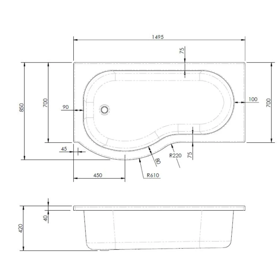 Drench P Shaped Shower Bath & Optional Panel - 1500mm
