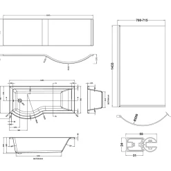Drench P Shaped Shower Bath with Front Panel and Shower Screen - 1700mm