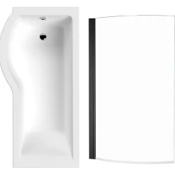 Drench P-Shaped Shower Bath with Matt Black Curved Shower Screen & Panel - 1700mm