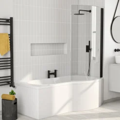 Drench P-Shaped Shower Bath with Matt Black Curved Shower Screen & Panel - 1700mm