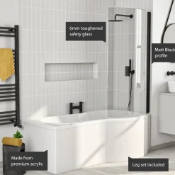 Drench P-Shaped Shower Bath with Matt Black Curved Shower Screen & Panel - 1700mm