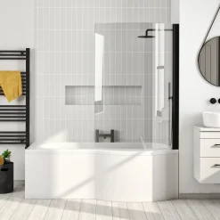 Drench P-Shaped Shower Bath with Matt Black Curved Shower Screen & Panel - 1700mm