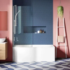 Drench P Shaped Shower Bath with Front Panel and Shower Screen - 1500mm