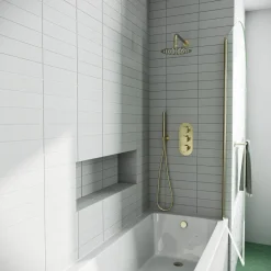 Drench Straight Single Ended Curved Bath & Brushed Brass Shower Screen