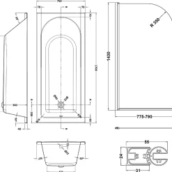 Drench Straight Single Ended Curved Bath & Brushed Brass Shower Screen