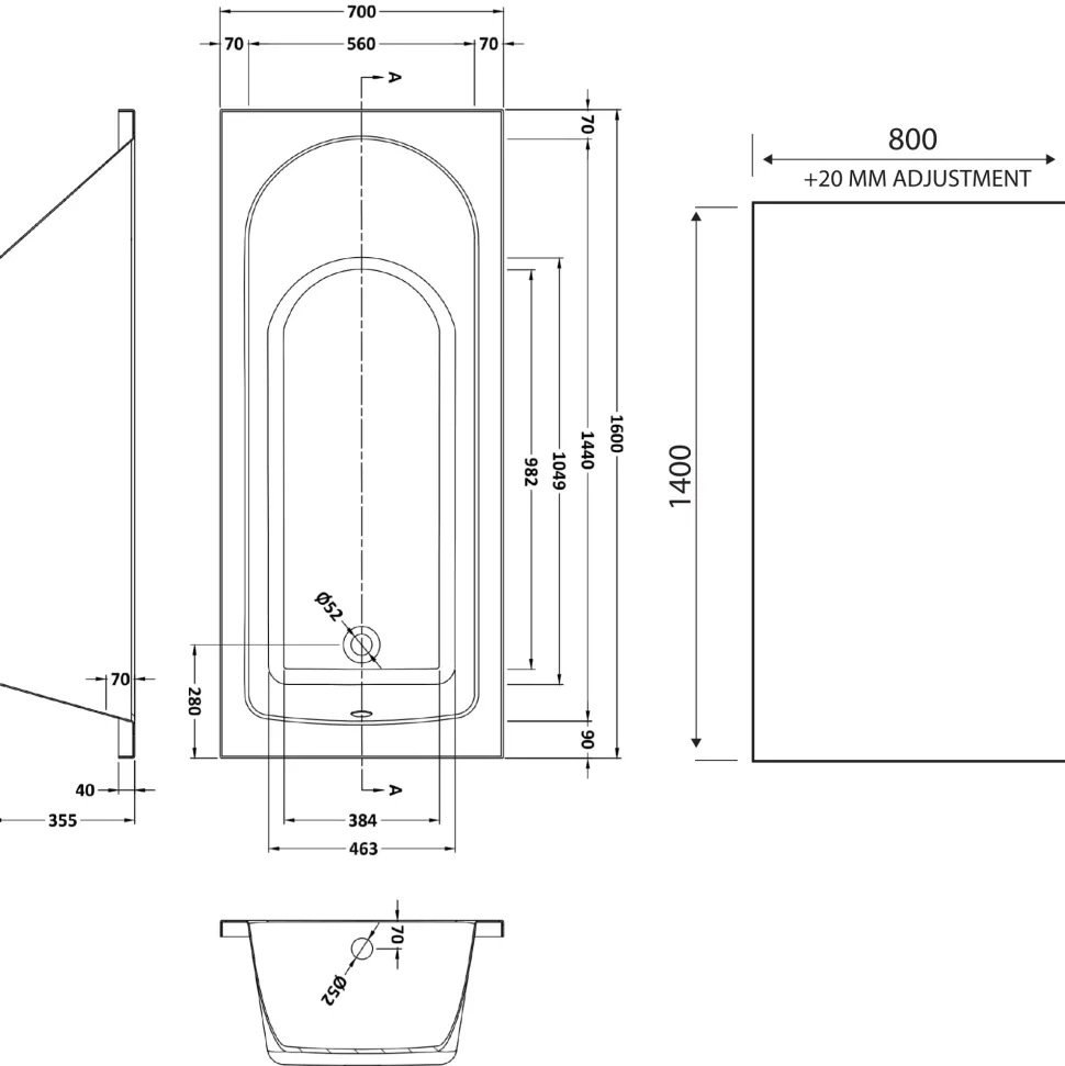 Drench Straight Single Ended Curved Bath & Matt Black Shower Screen