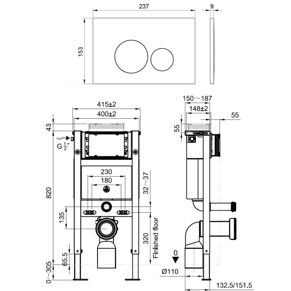 Drench Under Window Wall Hung Toilet Frame, Pneumatic Concealed Cistern & Dual Flush Plate with Round Buttons