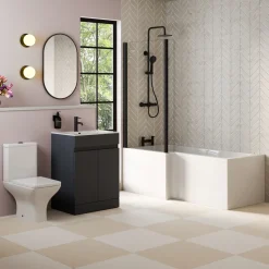 Dylan Complete Matt Black Bathroom Suite with 1700mm L Shaped Shower Bath & Rimless Toilet