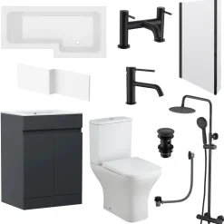 Dylan Complete Matt Black Bathroom Suite with 1700mm L Shaped Shower Bath & Rimless Toilet