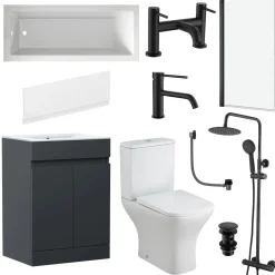 Dylan Complete Matt Black Bathroom Suite with Reinforced Shower Bath & Rimless Toilet