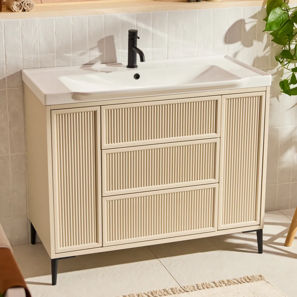 Elara 1000mm Floorstanding Stone Fluted Vanity Unit & Basin with Leg Set