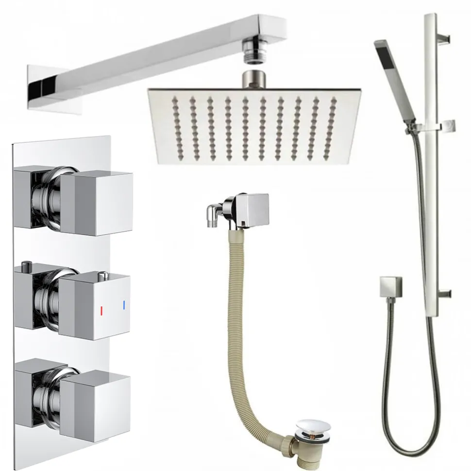 Elijah Concealed Shower Valve with Fixed Head, Slide Rail Kit & Overflow Bath Filler