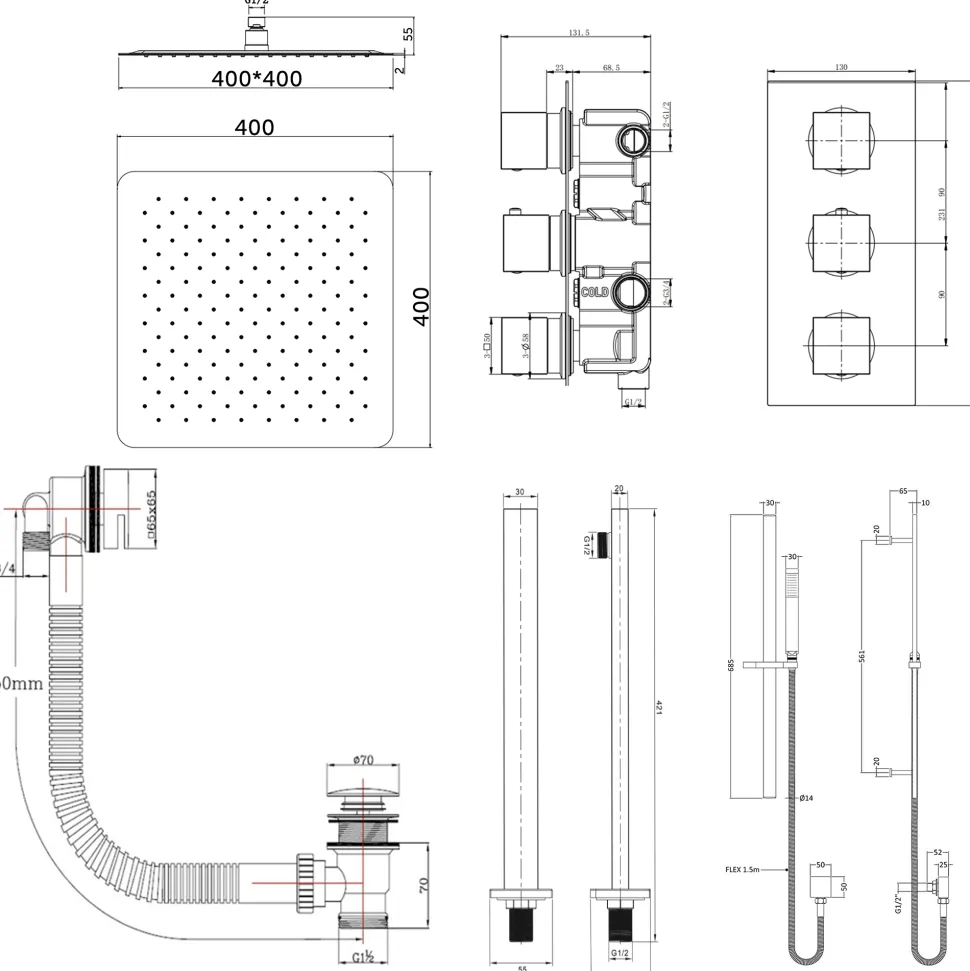 Elijah Concealed Shower Valve with Fixed Head, Slide Rail Kit & Overflow Bath Filler