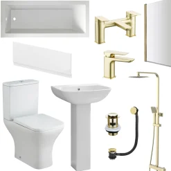 Emily Complete Brushed Brass Bathroom Suite with Reinforced Shower Bath & Rimless Toilet