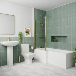 Emily Complete Brushed Brass Bathroom Suite with 1700mm L Shaped Shower Bath & Rimless Toilet