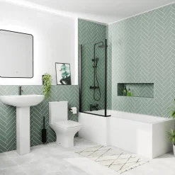Emily Complete Matt Black Bathroom Suite with 1700mm L Shaped Shower Bath & Rimless Toilet