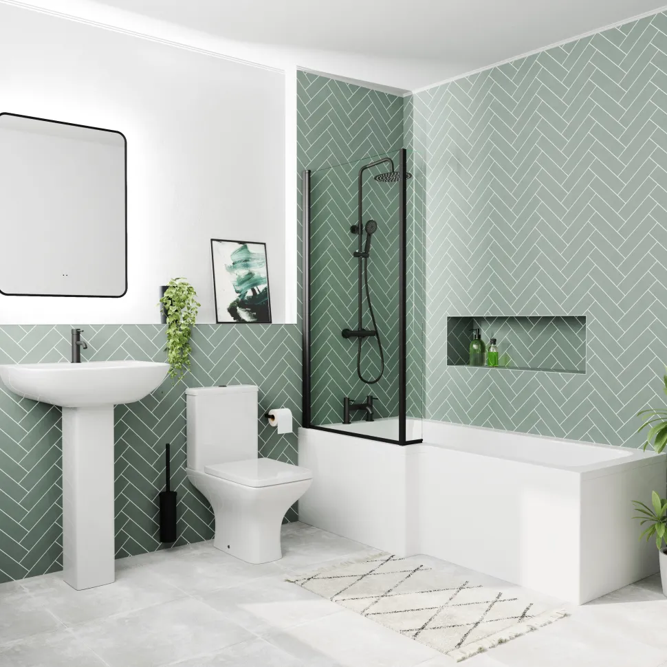 Emily Complete Matt Black Bathroom Suite with 1700mm L Shaped Shower Bath & Rimless Toilet