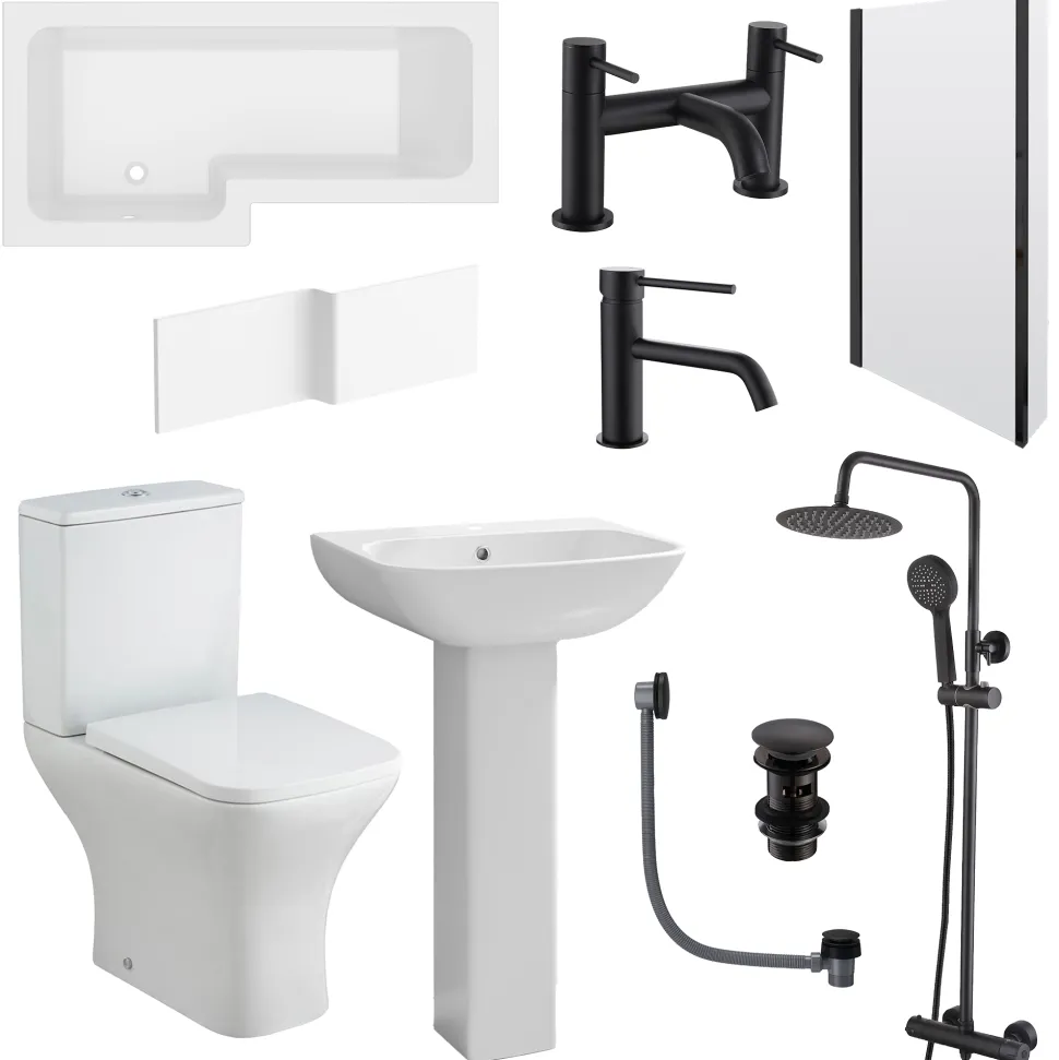 Emily Complete Matt Black Bathroom Suite with 1700mm L Shaped Shower Bath & Rimless Toilet