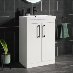 Emily Gloss White Floorstanding 2 Door Vanity Unit, Thin-Edged Basin, Matt Black Handles & Overflow