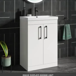 Emily Gloss White Floorstanding 2 Door Vanity Unit, Thin-Edged Basin, Matt Black Handles & Overflow