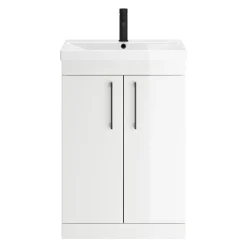 Emily Gloss White Floorstanding 2 Door Vanity Unit, Thin-Edged Basin, Matt Black Handles & Overflow