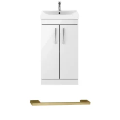 Emily Gloss White Floorstanding 2 Door Vanity Unit, Thin-Edged Basin, Brushed Brass Handles & Overflow