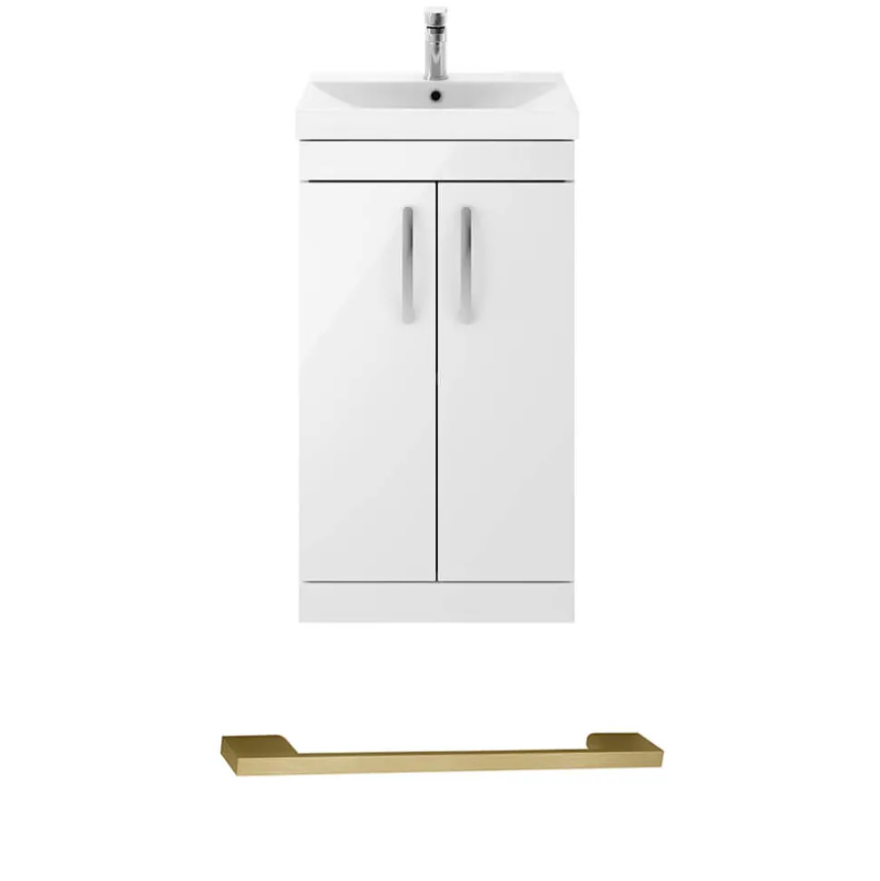 Emily Gloss White Floorstanding 2 Door Vanity Unit, Thin-Edged Basin, Brushed Brass Handles & Overflow
