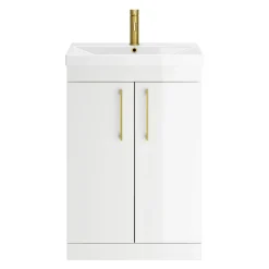 Emily Gloss White Floorstanding 2 Door Vanity Unit, Thin-Edged Basin, Brushed Brass Handles & Overflow