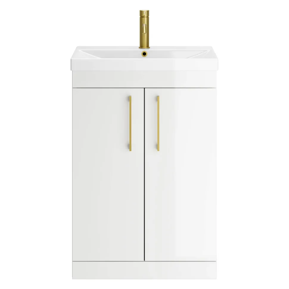Emily Gloss White Floorstanding 2 Door Vanity Unit, Thin-Edged Basin, Brushed Brass Handles & Overflow