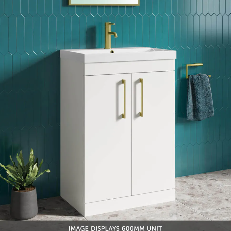 Emily Gloss White Floorstanding 2 Door Vanity Unit, Thin-Edged Basin, Brushed Brass Handles & Overflow