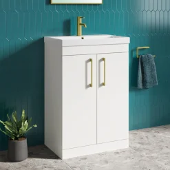 Emily Gloss White Floorstanding 2 Door Vanity Unit, Thin-Edged Basin, Brushed Brass Handles & Overflow