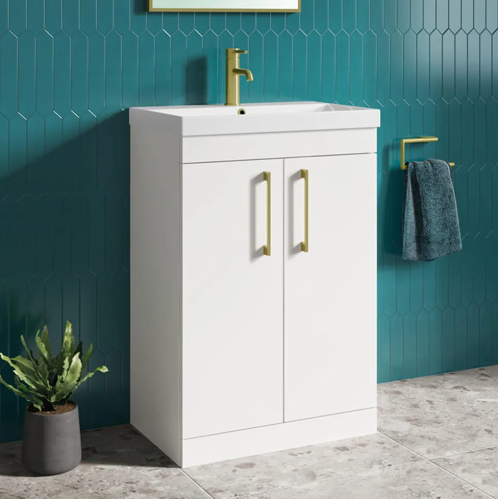 Emily Gloss White Floorstanding 2 Door Vanity Unit, Thin-Edged Basin, Brushed Brass Handles & Overflow