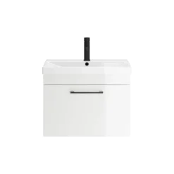 Emily Gloss White Wall Mounted 1 Drawer Vanity Unit, Thin-Edged Basin, Matt Black Handle & Overflow