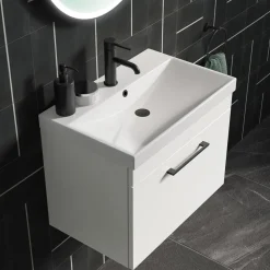 Emily Gloss White Wall Mounted 1 Drawer Vanity Unit, Thin-Edged Basin, Matt Black Handle & Overflow