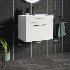 Emily Gloss White Wall Mounted 1 Drawer Vanity Unit, Thin-Edged Basin, Matt Black Handle & Overflow