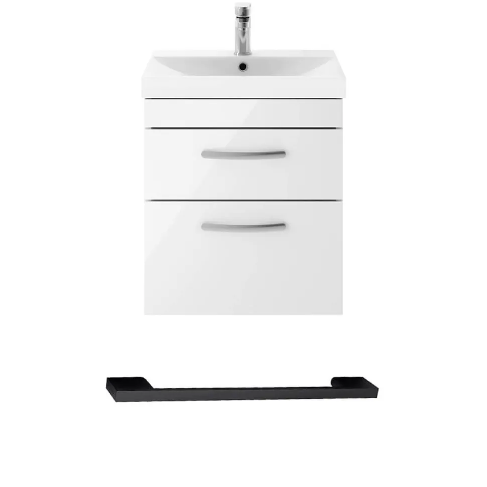 Emily Gloss White Wall Mounted 2 Drawer Vanity Unit, Thin-Edged Basin, Matt Black Handles & Overflow
