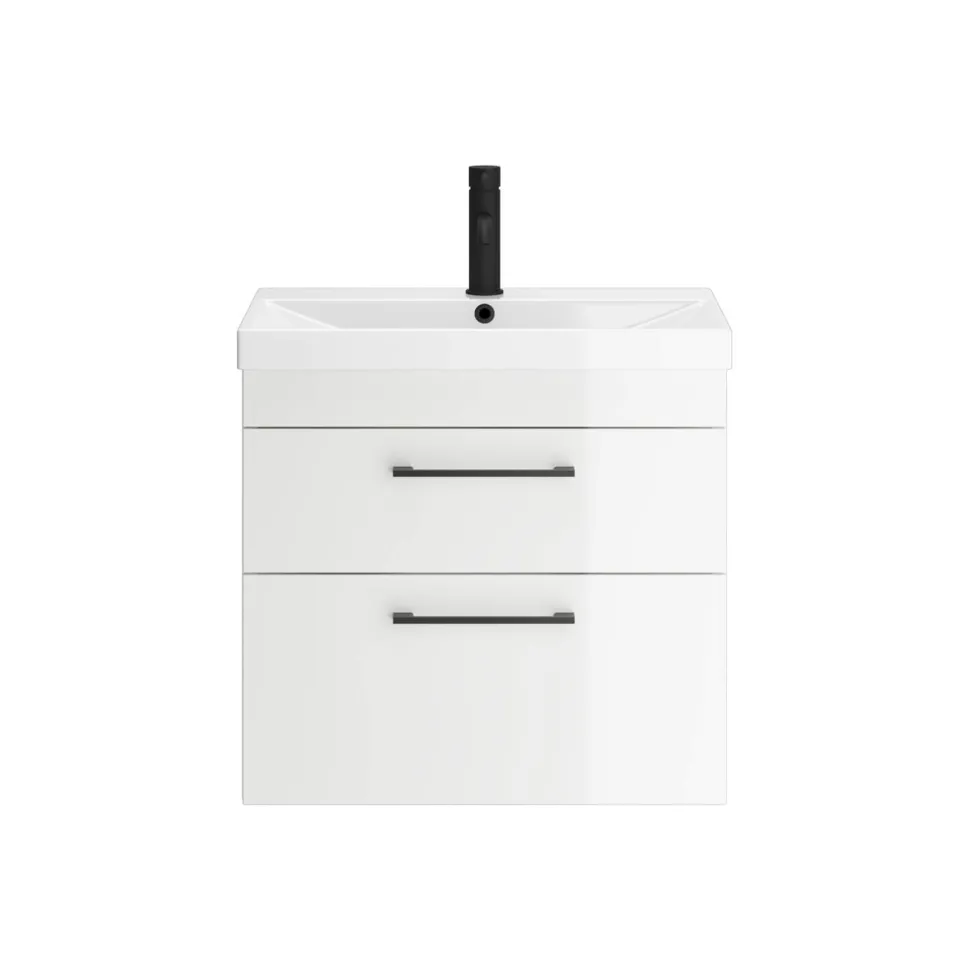 Emily Gloss White Wall Mounted 2 Drawer Vanity Unit, Thin-Edged Basin, Matt Black Handles & Overflow